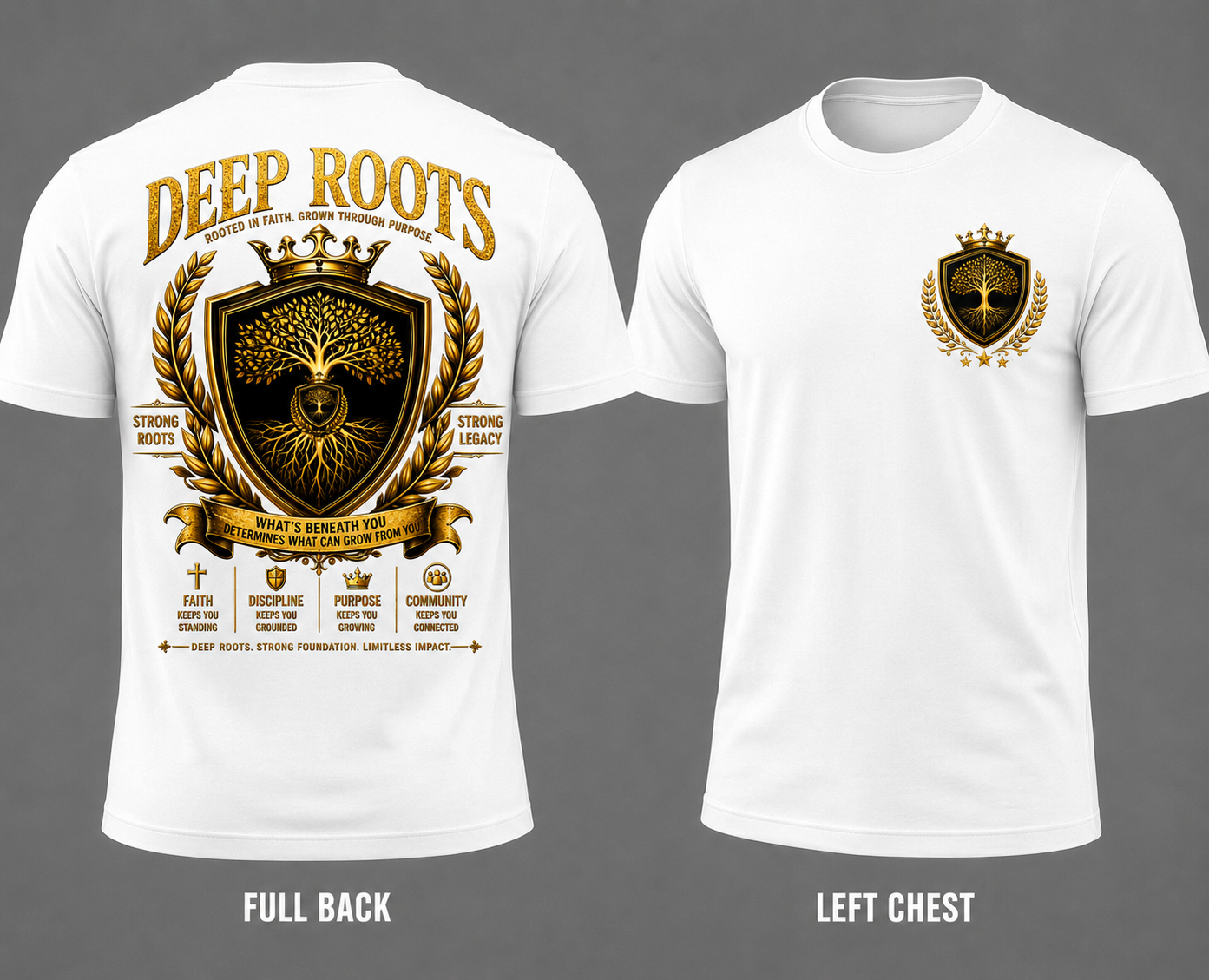 Deep Roots Legacy Crest Tee – White & Mirror Gold Edition