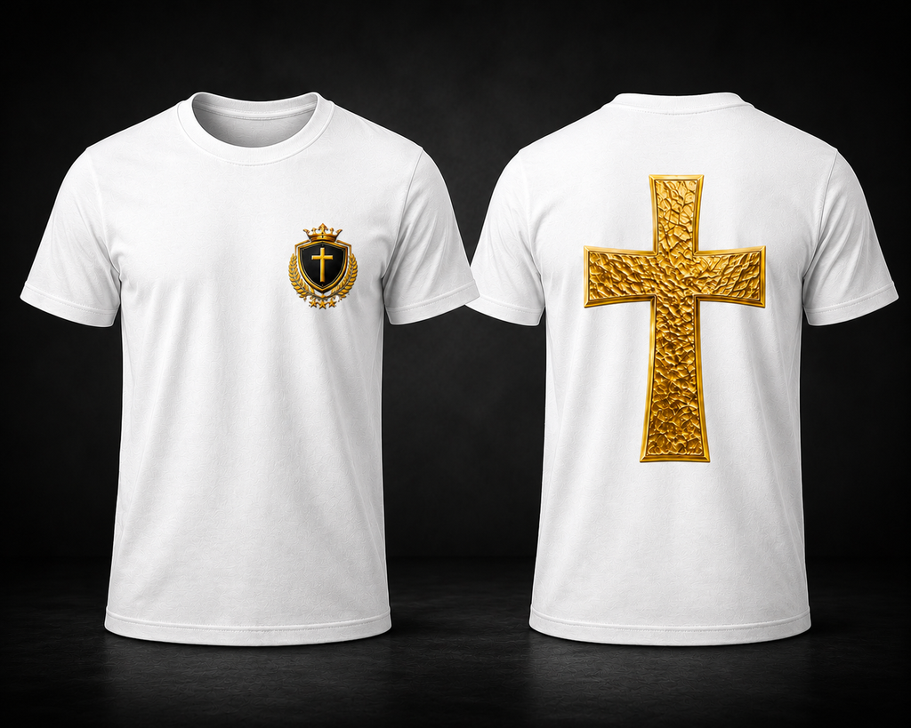 Crowned In Purpose Cross Tee – White & Mirror Gold Edition