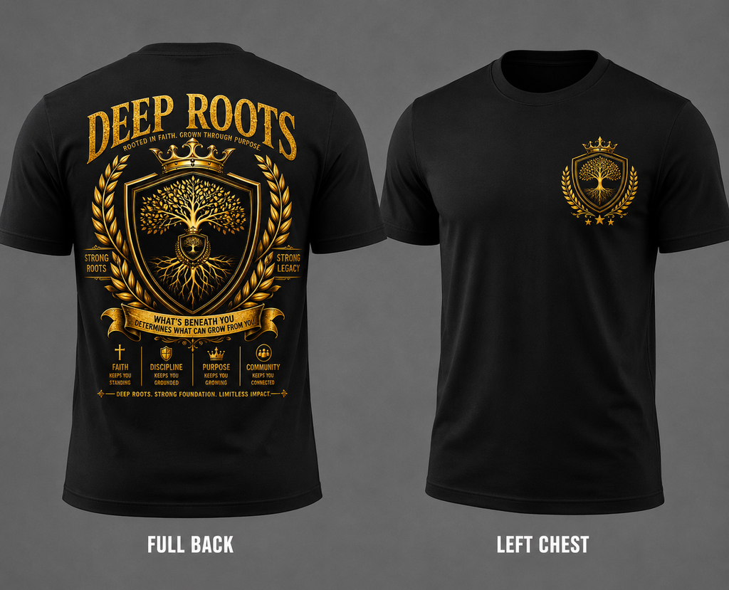 Deep Roots Legacy Crest Tee – Black & Mirror Gold Edition
