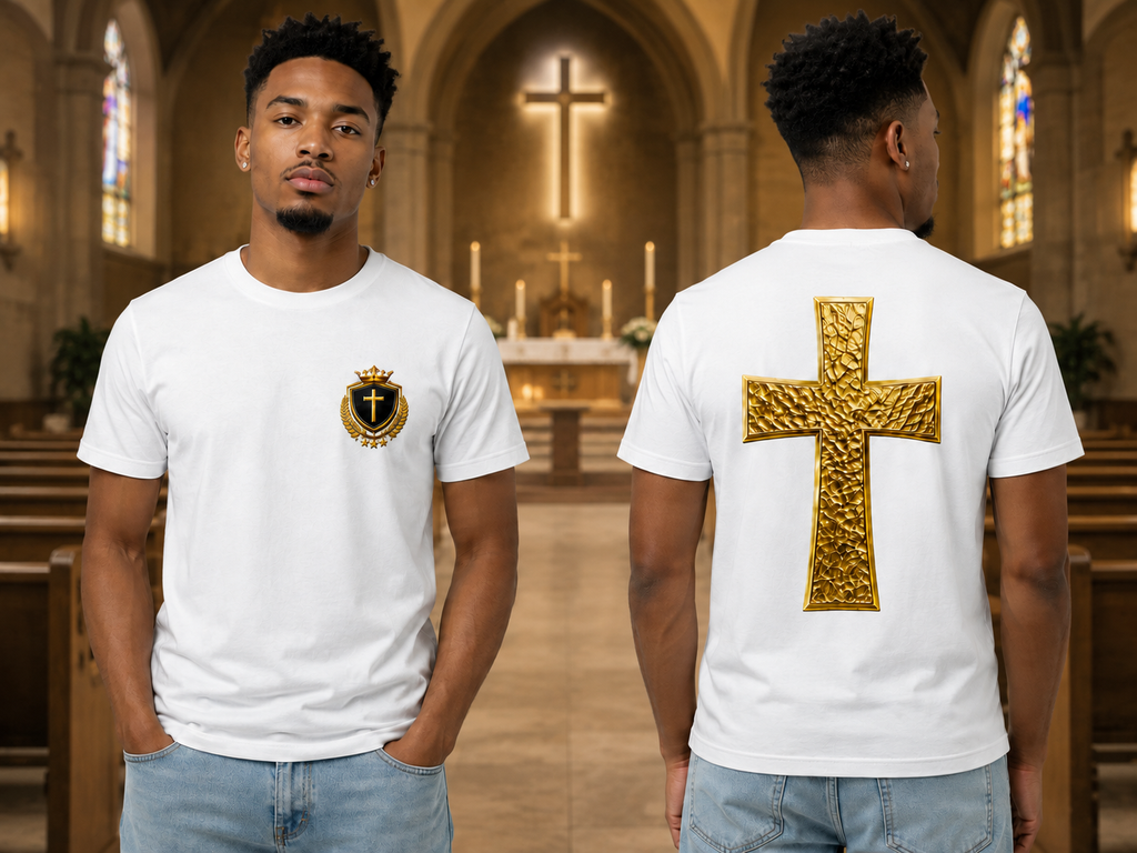 Crowned In Purpose Cross Tee – White & Mirror Gold Edition