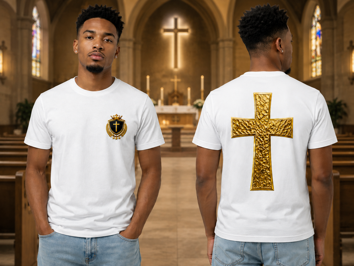 Crowned In Purpose Cross Tee – White & Mirror Gold Edition