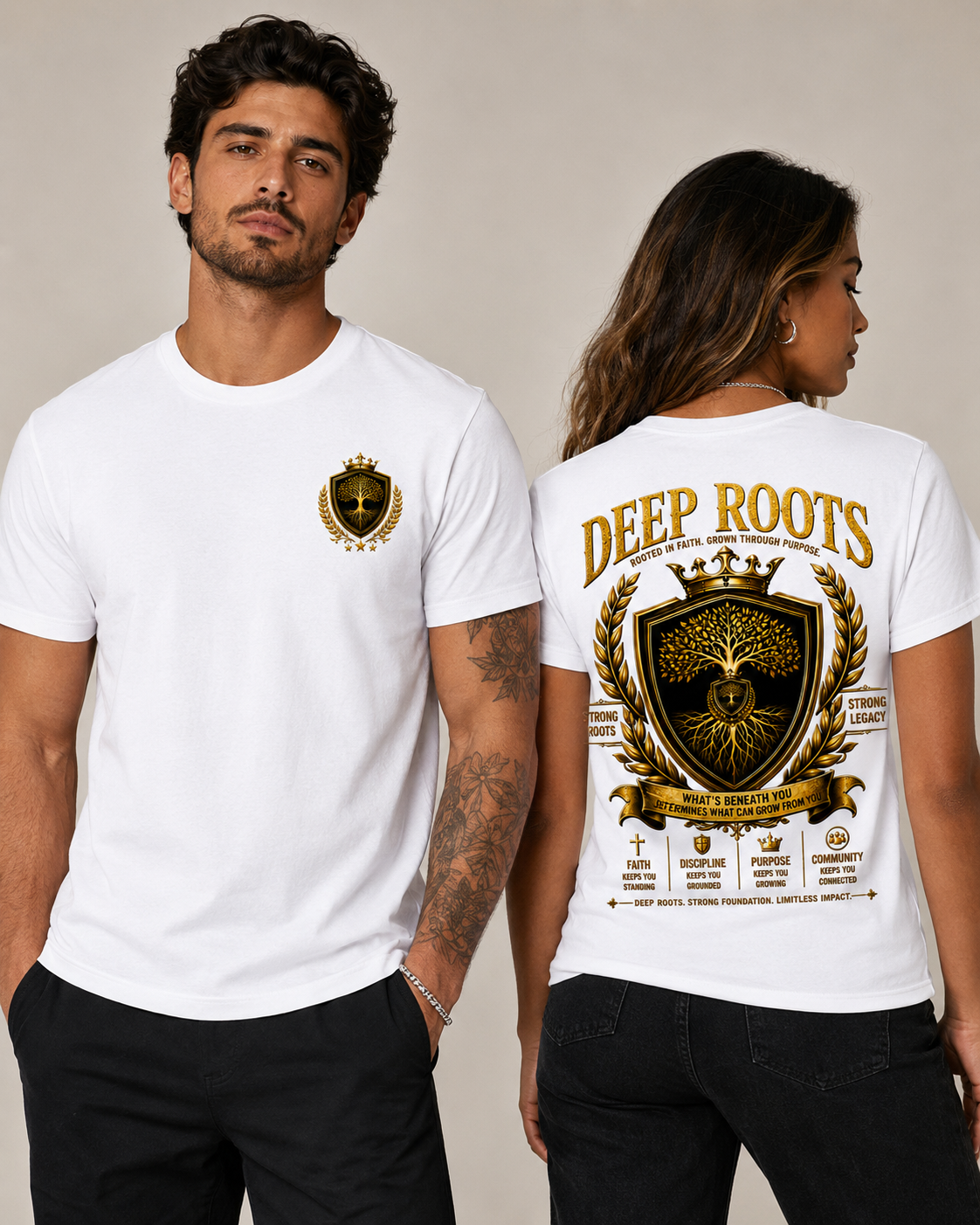 Deep Roots Legacy Crest Tee – White & Mirror Gold Edition