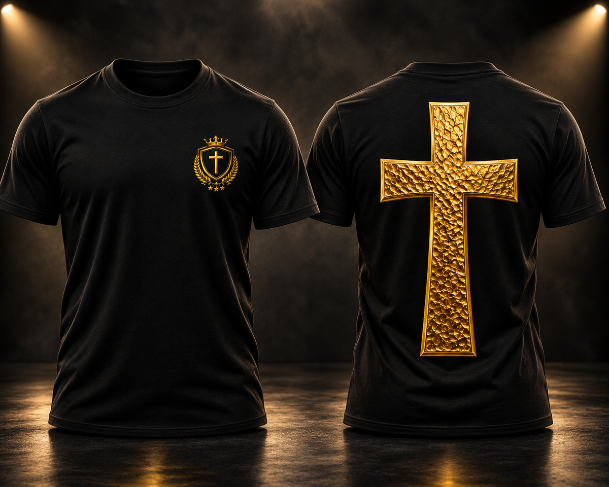 Crowned In Purpose Cross Tee – Black & Mirror Gold Edition