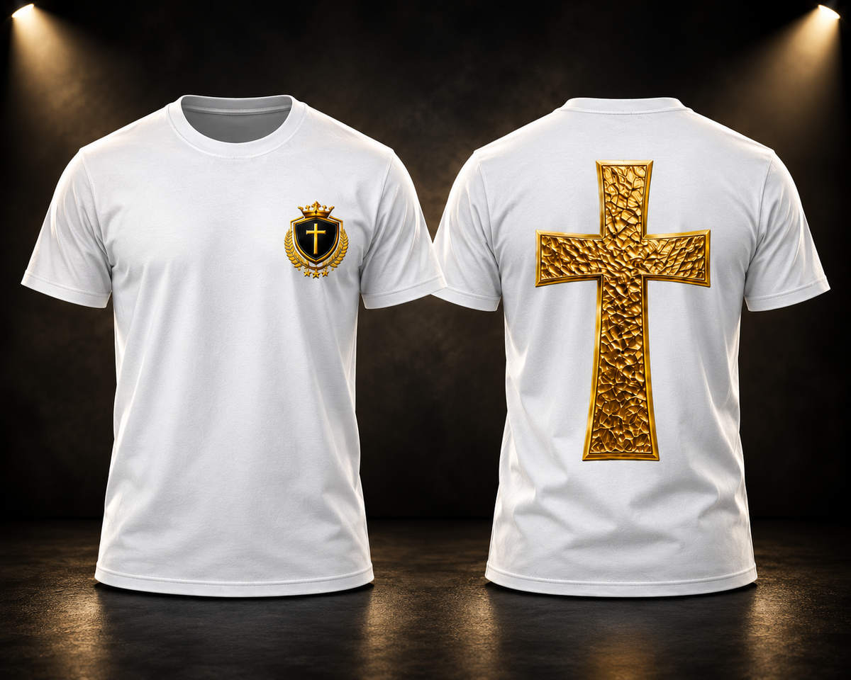 Crowned In Purpose Cross Tee – White & Mirror Gold Edition