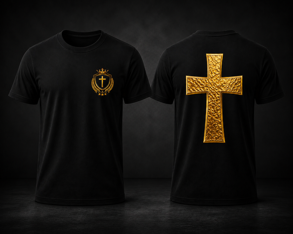 Crowned In Purpose Cross Tee – Black & Mirror Gold Edition